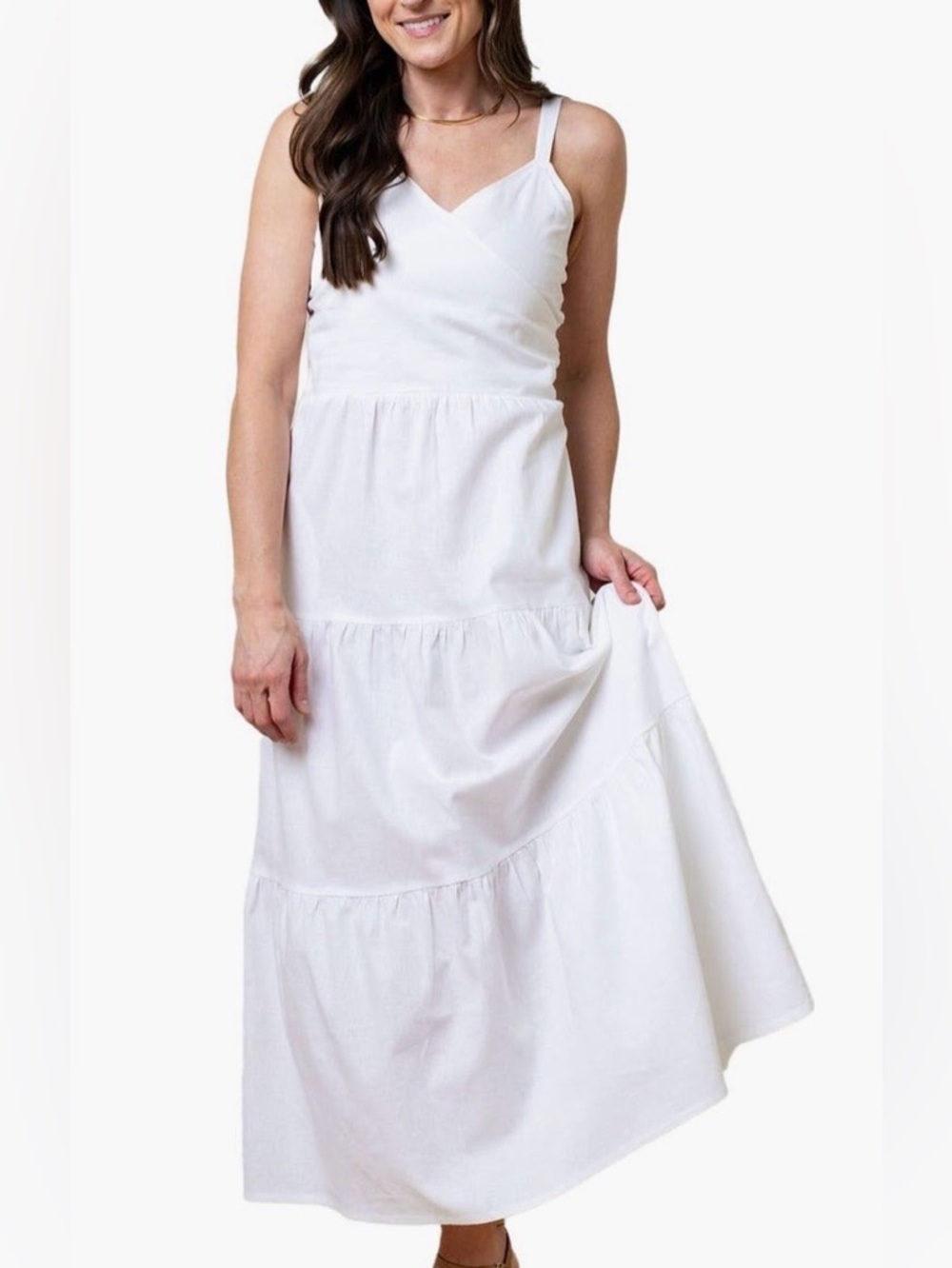 Hope & Henry Organic Cotton‎ Linen Sleeveless White Tiered Maxi Dress.  Pockets
